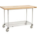Mobile Workbench with Wire Rack, Maple Butcher Block Square Edge, 60&quot;W x 30&quot;D, Chrome