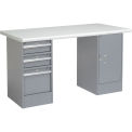 Pedestal Workbench W/ 3 Drawers & 1 Cabinet, Plastic Laminate Safety Edge, 60&quot;W x 30&quot;D, Gray