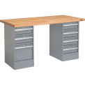 Pedestal Workbench W/ 7 Drawers, Maple Butcher Block Square Edge, 72&quot;W x 30&quot;D, Gray