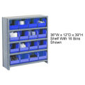 Closed Bin Shelving w/6 Shelves & 21 Blue Bins, 36x12x39