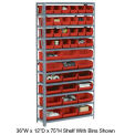 Open Bin Shelving w/6 Shelves & 15 Red Bins, 36x12x39