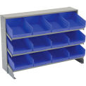 Global Industrial 3 Shelf Bench Rack, (12) 8&quot;W Blue Bins, 33x12x21
