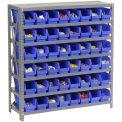 7 Shelf Steel Shelving with (48) 4&quot;H Plastic Shelf Bins, Blue, 36x18x39