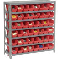 7 Shelf Steel Shelving with (48) 4&quot;H Plastic Shelf Bins, Red, 36x18x39