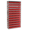 13 Shelf Steel Shelving with (96) 4&quot;H Plastic Shelf Bins, Red, 36x12x72