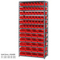 13 Shelf Steel Shelving with (96) 4&quot;H Plastic Shelf Bins, Red, 36x18x72