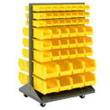 Mobile Double Sided Floor Rack With (64) Yellow Bins, 36x25.5x54