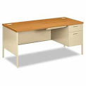HON Steel Desk, Single Right Pedestal, 66" x 30", Oak/Putty