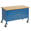 Mobile Workbench with Security Cabinet, Maple Butcher Block Square Edge, 72&quot;W x 30&quot;D, Blue