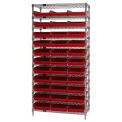 Wire Shelving with (33) 4&quot;H Plastic Shelf Bins Red, 36x14x74