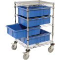 Chrome Wire Cart With 4 6&quot;H Grid Blue Containers, 21X24X45