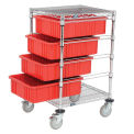 Chrome Wire Cart With 4 6&quot;H Grid Red Containers, 21X24X45