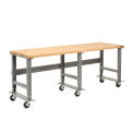 Mobile Adjustable Height Workbench, Maple Butcher Block Square Edge, 96&quot;W x 36&quot;D, Gray