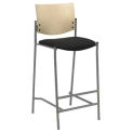 4-Legged Barstool, Silver Frame, Natural Wood Back, Navy Vinyl Seat