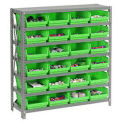 7 Shelf Steel Shelving with (24) 4&quot;H Plastic Shelf Bins, Green, 36x12x39
