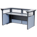 88" W x 44"D x 44"H U-Shaped Reception Station with Window, Gray counter/Blue Panel
