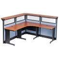 80&quot;W x 80&quot;D x 46&quot;H L-Shaped Reception Station with Window and Raceway, Cherry Counter/Blue Panel
