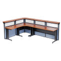 116"W x 80"D x 44"H L-Shaped Reception Station with Window, Cherry Counter/Blue Panel