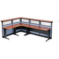 116&quot;W x 80&quot;D x 46&quot;H L-Shaped Reception Station with Window and Raceway, Cherry Counter/Blue Panel