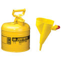 Justrite 7120210 Type I Steel Safety Can With Funnel, 2 Gallon (7.5L), Self-Close Lid, Yellow