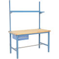 60&quot;W x 30&quot;D Workbench, 1-5/8&quot; Thick Birch Top Square Edge w/ Drawer, Upright & Shelf, Blue