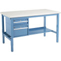 60&quot;W x 30&quot;D Workbench, 1-5/8&quot; Thick Plastic Laminate Safety Edge with Drawers & Shelf, Blue