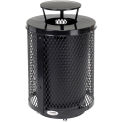 Outdoor Diamond Steel Trash Can With Rain Bonnet Lid, 36 Gallon, Black