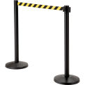 Global Industrial Retractable Belt Barrier, 40" Black Post, 10' Black/Yellow Belt - Pkg Qty 2