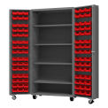 Durham Mfg.&#174; Mobile Heavy Duty Cabinet w/ 4 Shelves & 96 Red Bins, 14 Ga., 36&quot;W x 24&quot;D x 76&quot;H