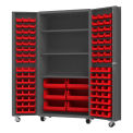 Durham Mfg.&#174; Mobile Heavy Duty Cabinet w/ 3 Shelves & 102 Red Bins, 14 Ga., 36&quot;W x 24&quot;D x 76&quot;H