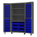 Durham Mfg.&#174; Mobile Heavy Duty Cabinet w/ 3 Shelves & 102 Blue Bins, 14 Ga., 36&quot;W x 24&quot;D x 76&quot;H