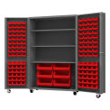 Durham Mfg.&#174; Mobile Heavy Duty Cabinet w/ 3 Shelves & 126 Red Bins, 14 Ga., 48&quot;W x 24&quot;D x 76&quot;H