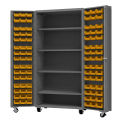 Durham Mfg.&#174; Mobile Heavy Duty Cabinet w/ 4 Shelves & 96 Yellow Bins, 14 Ga, 36&quot;W x 24&quot;D x 76&quot;H
