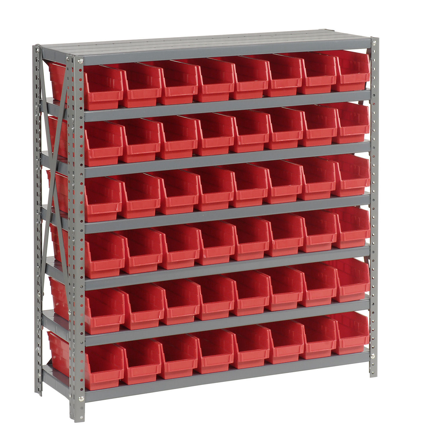 7 Shelf Steel Shelving with (48) 4"H Plastic Shelf Bins, Red, 36"Wx12