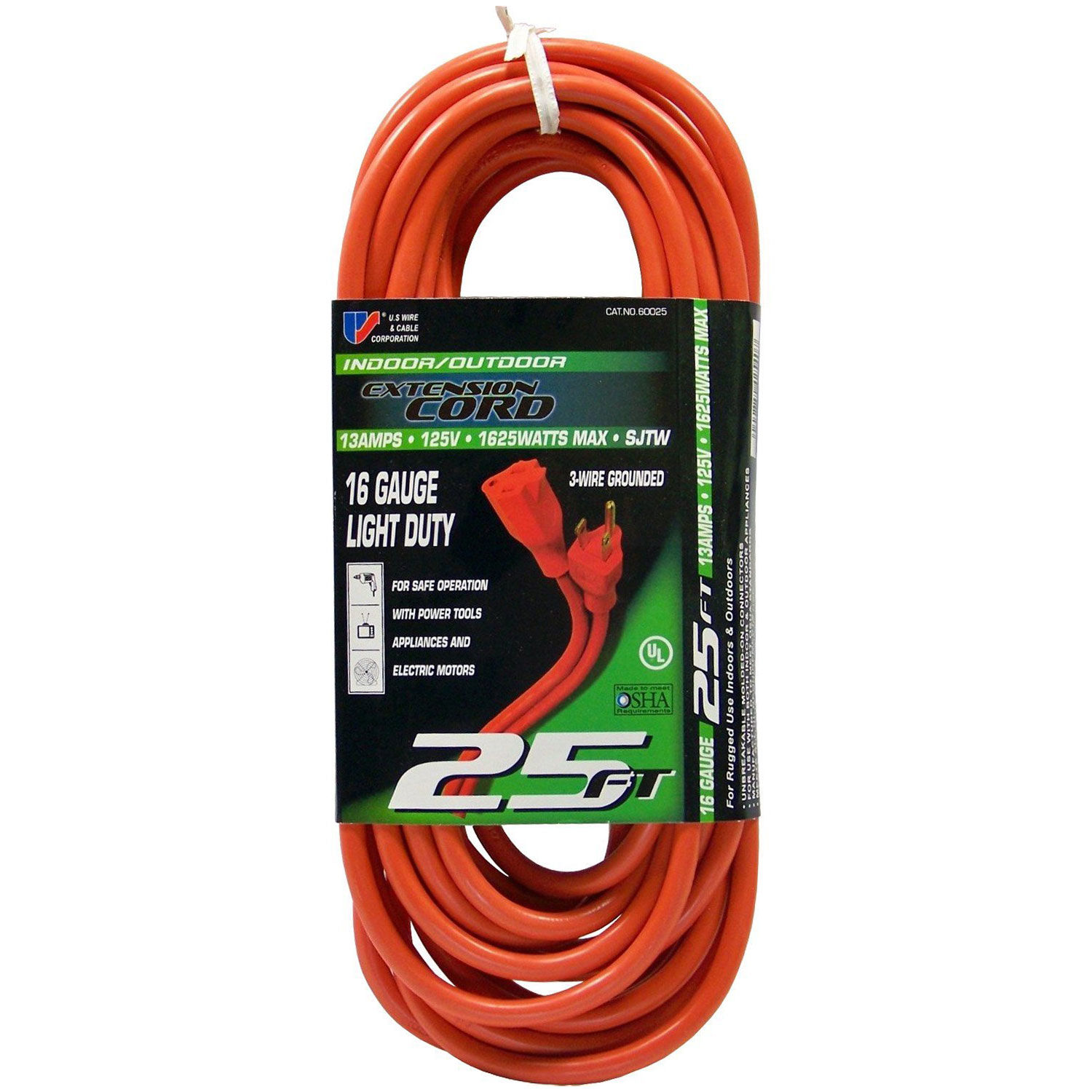 25 Ft. Three Conductor Orange Extension Cord, 16/3 Ga. SJTWA, 300V