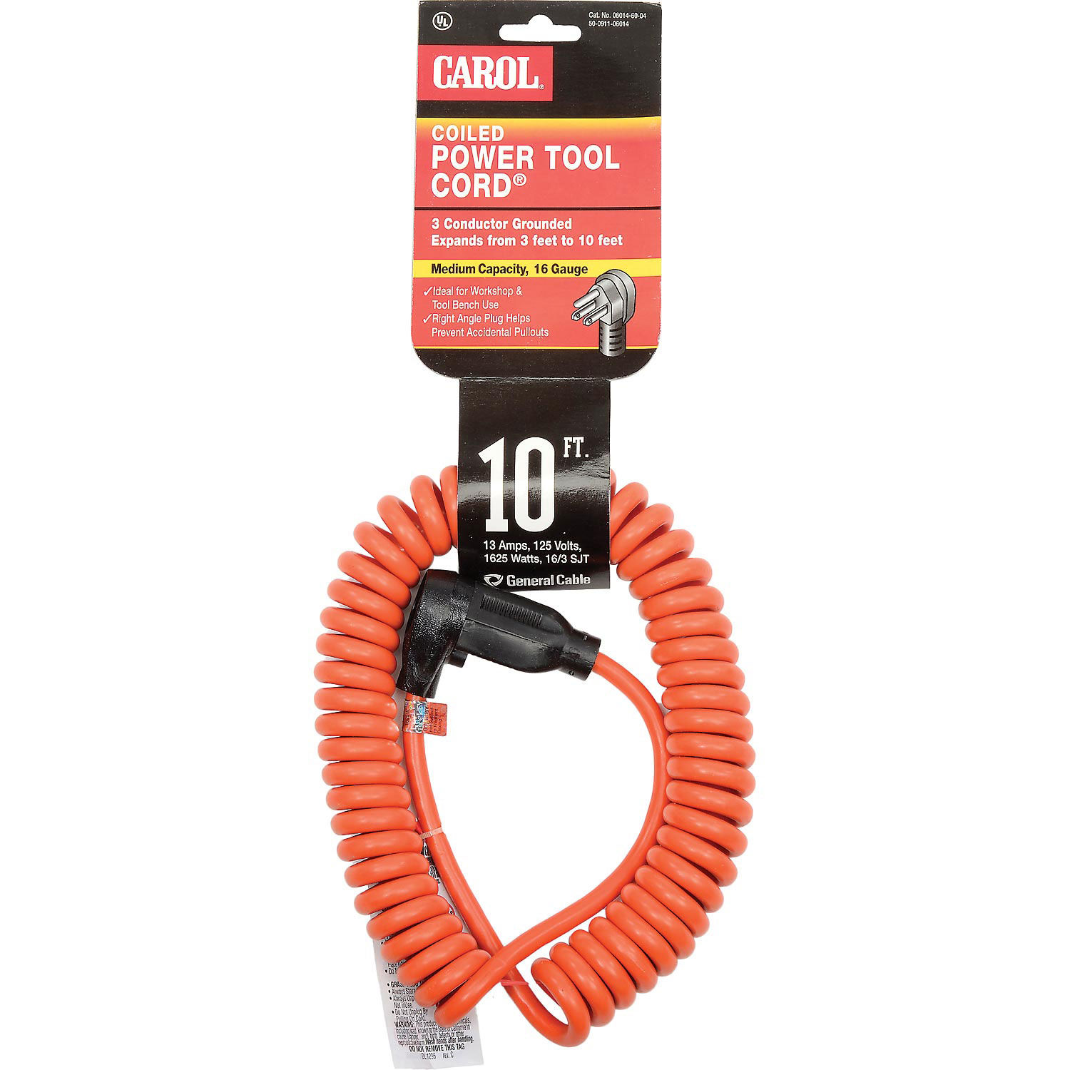 Carol 10' Coiled Power Tool Ext./Power Cord, 16awg 13a/125v, Orange