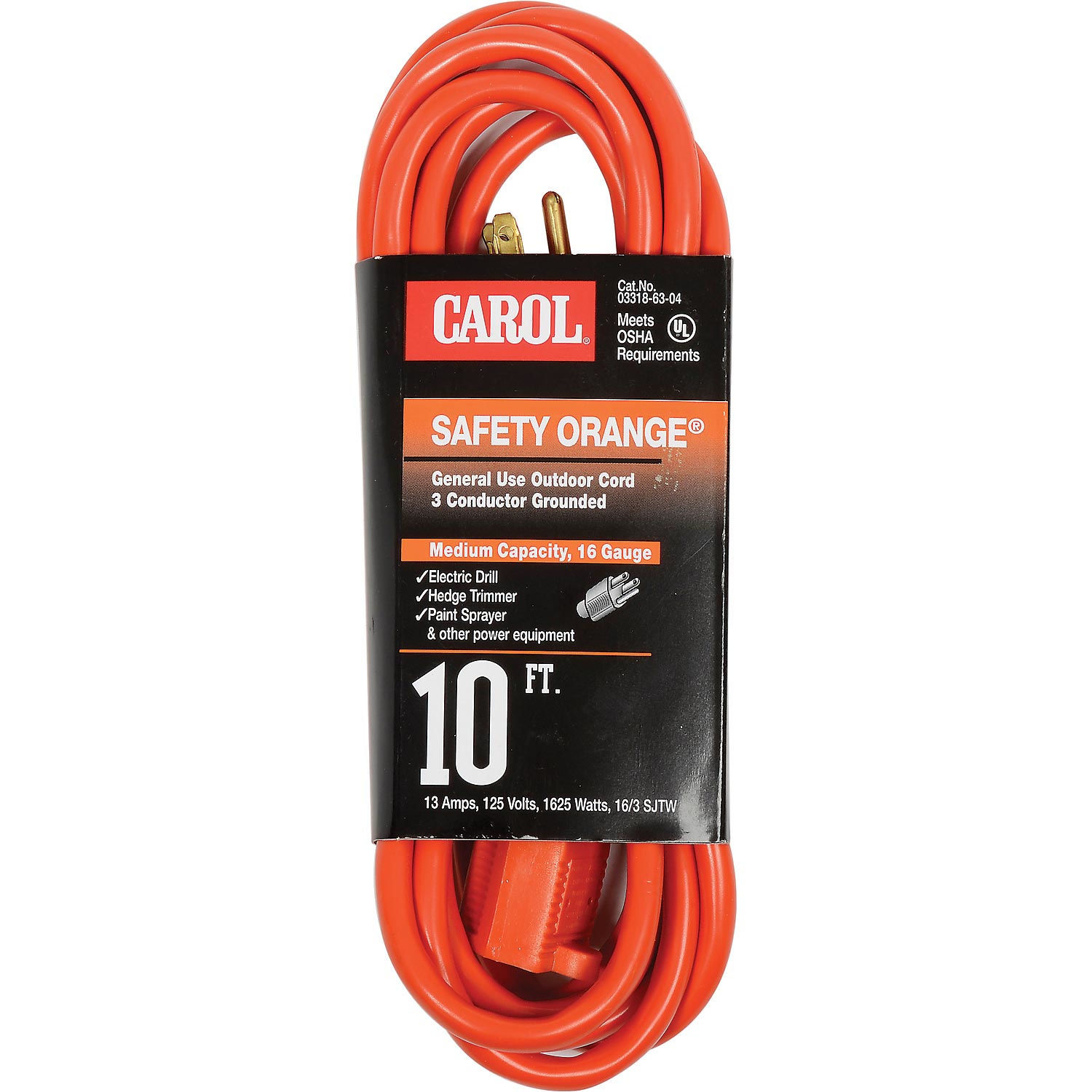 Carol 10' Safety Orange Extension Cord, 16awg 13a/125v 79407033188 eBay