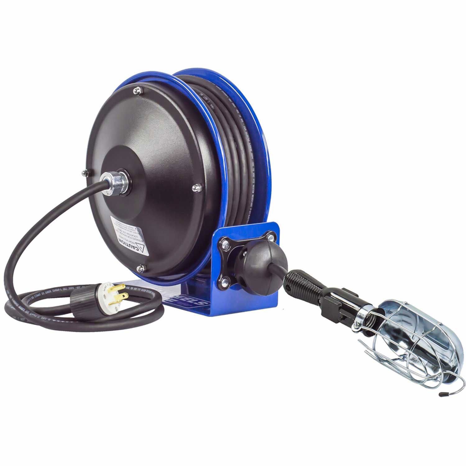 Compact Efficient Heavy Duty Power Cord Reel w Incand Caged Drop Light
