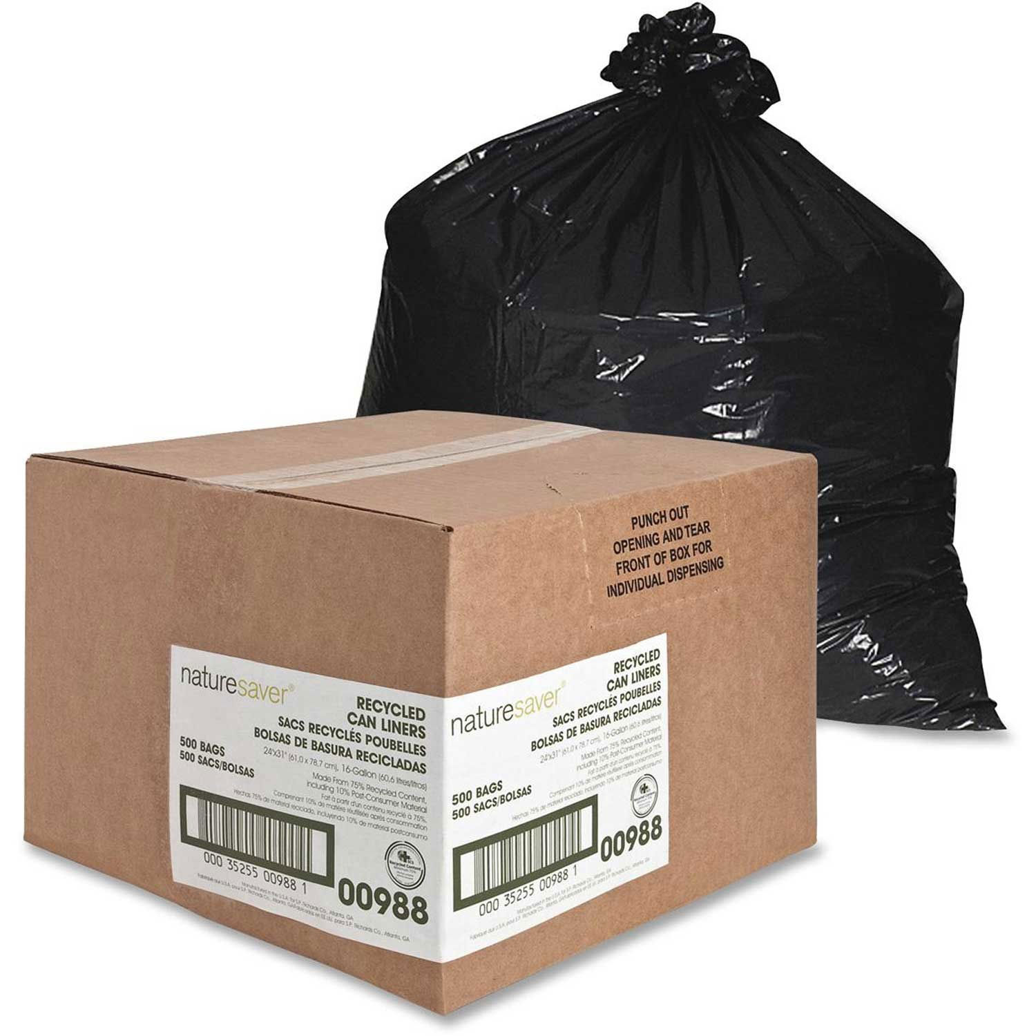 Nature Saver Recycled MediumDuty Black Trash Liners, 16 Gallon, 0.75