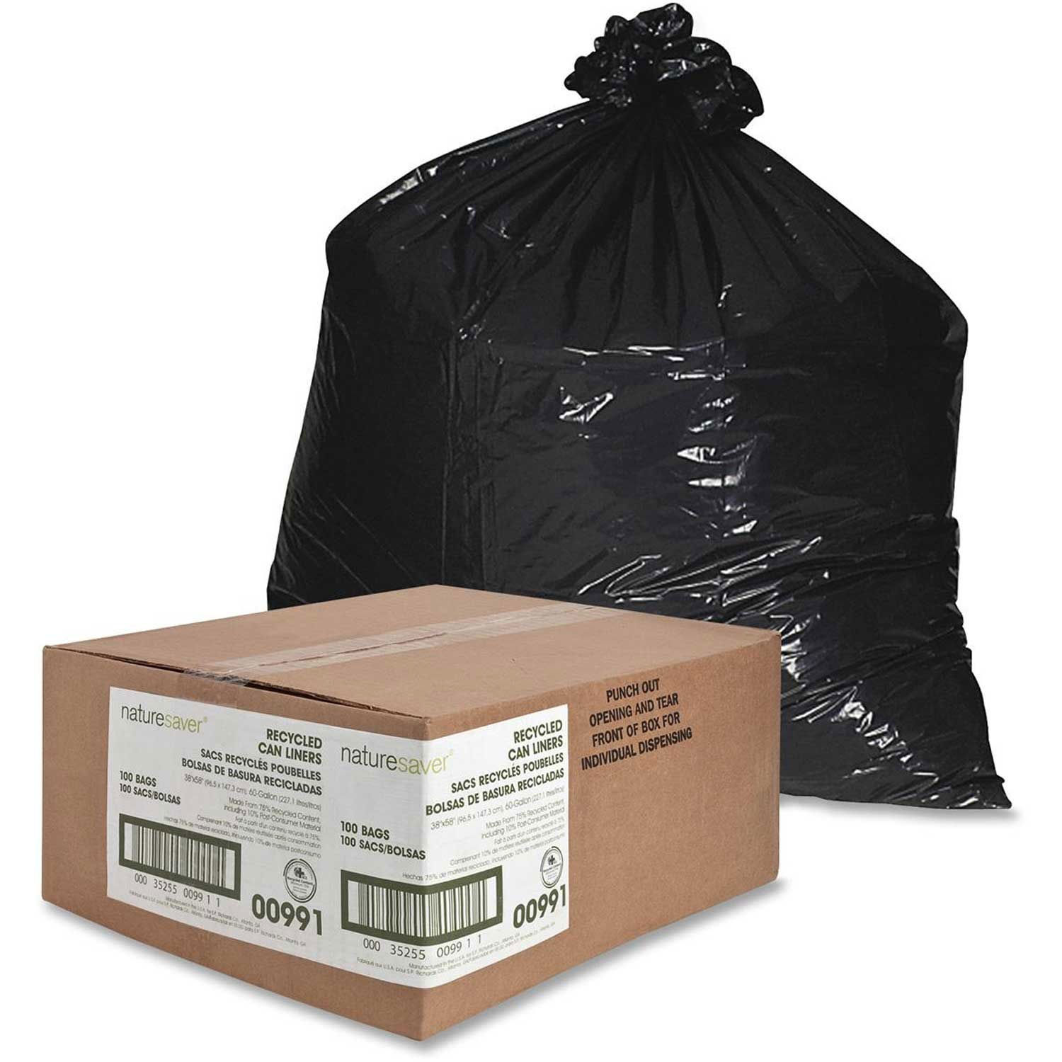 Nature Saver Recycled Heavy-Duty Black Trash Liners, 60 Gallon, 1.25 ...