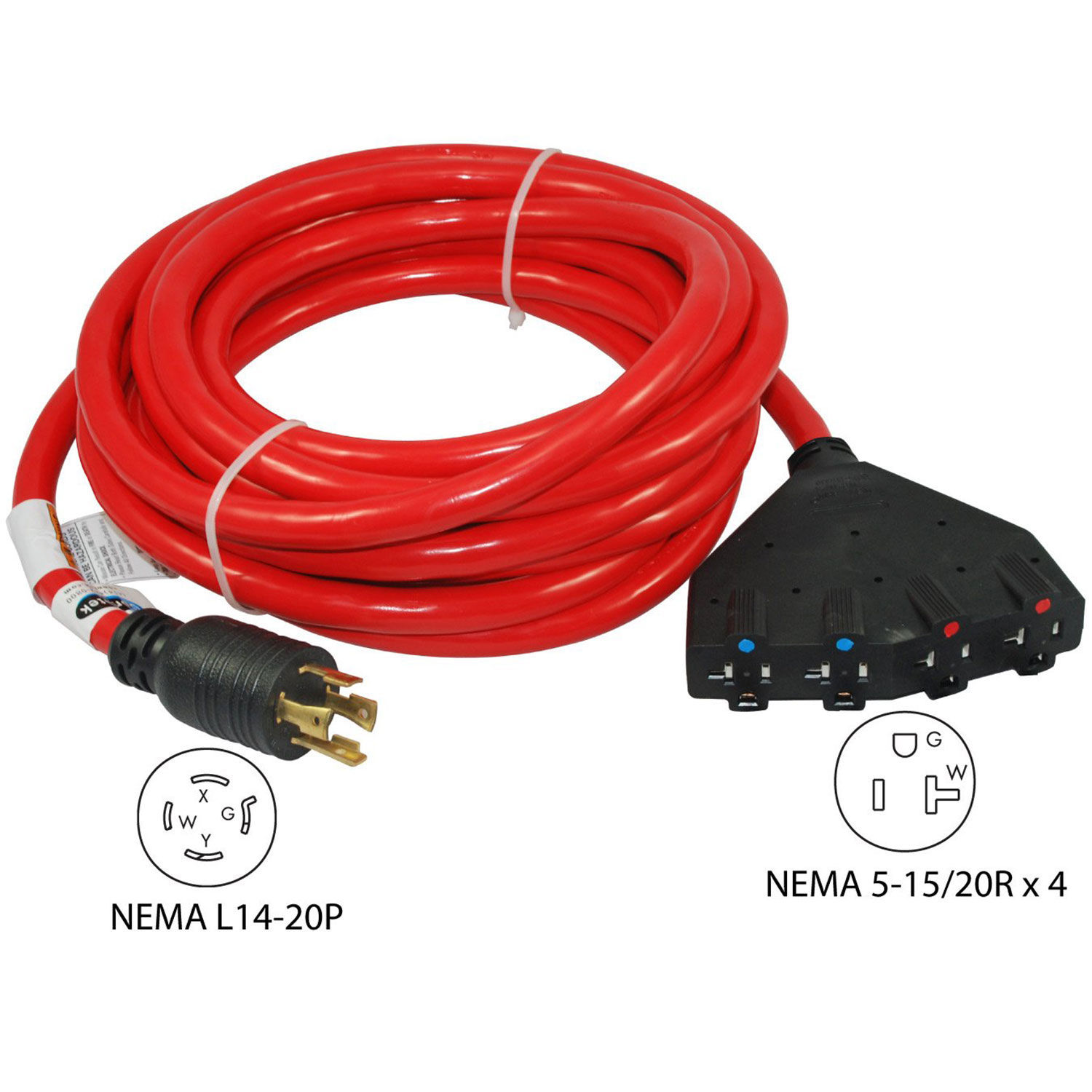 25', 20A Generator Locking Extension Cord with NEMA L1420P to 15/20R*4