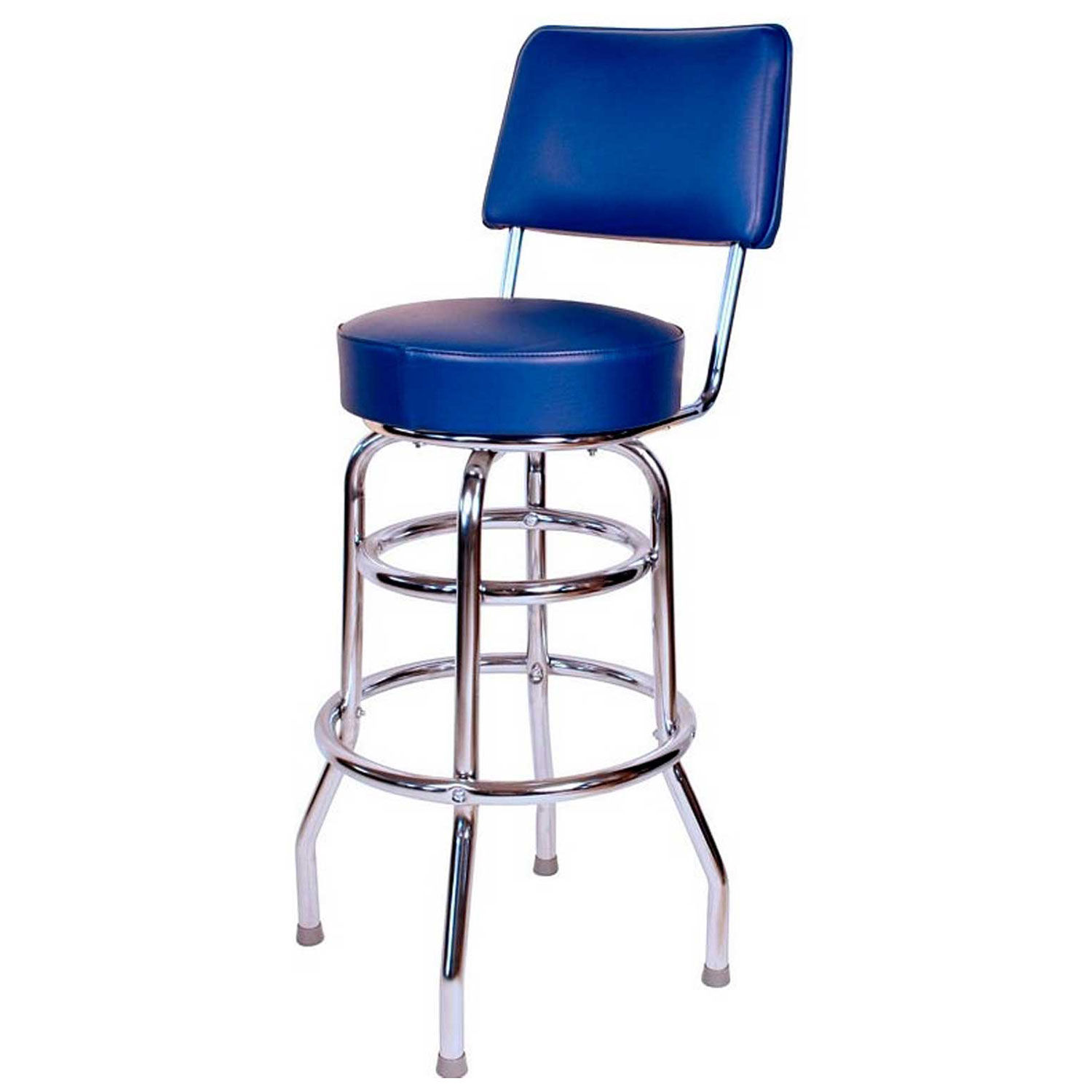 30 Double Ring Swivel Bar Stool With Back Chrome Frame Blue Seat 30 Double Ring Swivel Bar Stool With Back Chrome Frame Blue Seat Lot Of 1