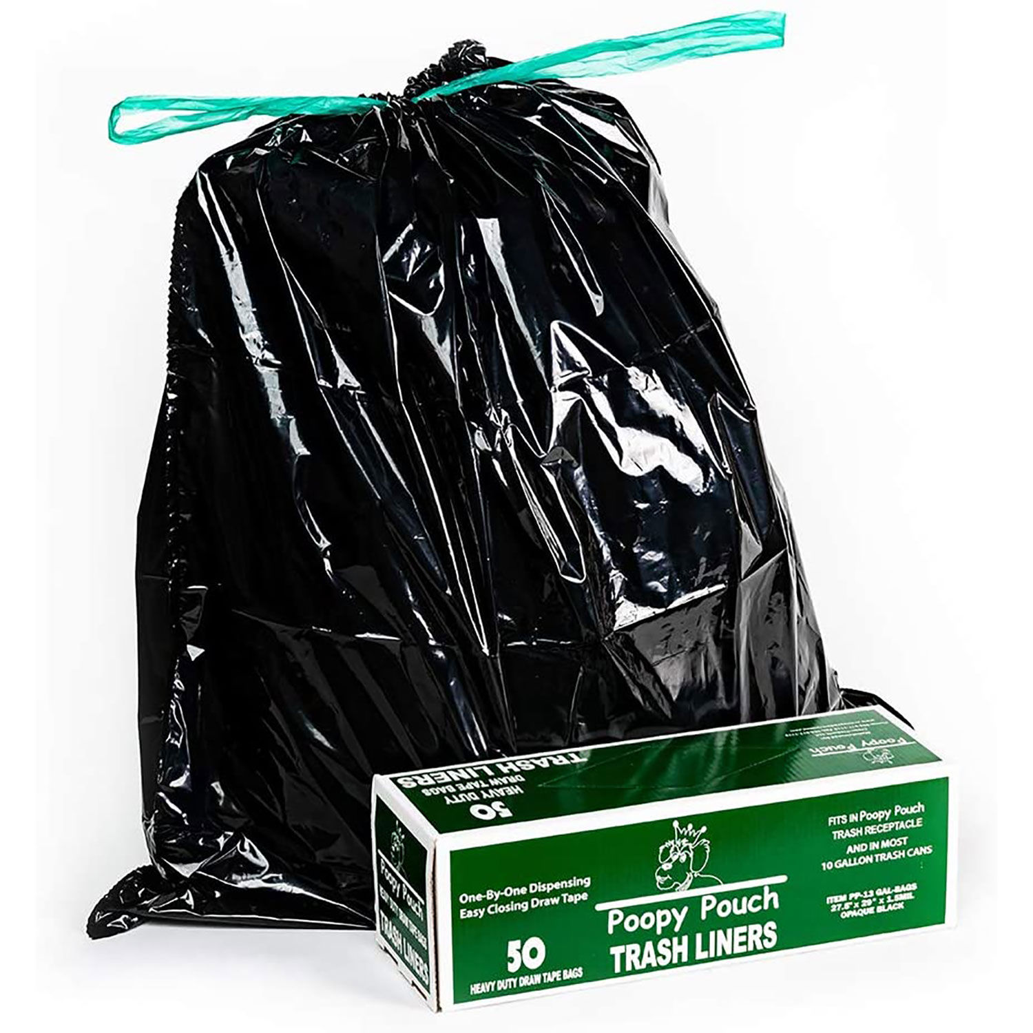 Poopy Pouch Heavy Duty Draw Tape Trash Receptacle Liners, 13 Gallon, 50