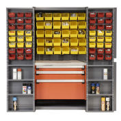 Storage Cabinet With Shelves, 3 Drawers, Yellow/Red Bins, 38x24x72