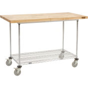Mobile Workbench with Wire Rack, Maple Butcher Block Square Edge, 60"W x 30"D, Chrome