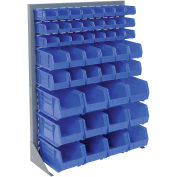 Louvered Bin Rack With (24) Blue Stacking Bins, 35"W x 15"D x 50"H