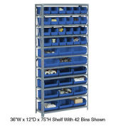 Open Bin Shelving w/8 Shelves & 28 Blue Bins, 36x12x73