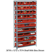 Open Bin Shelving w/8 Shelves & 28 Red Bins, 36x12x73