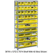 Open Bin Shelving w/8 Shelves & 14 Yellow Bins, 36x12x73