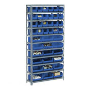 Open Bin Shelving w/8 Shelves & 21 Blue Bins, 36x18x73